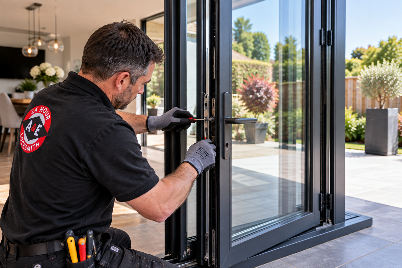 Locksmith repairing the mechanism on a modern double-glazed door in Bromley