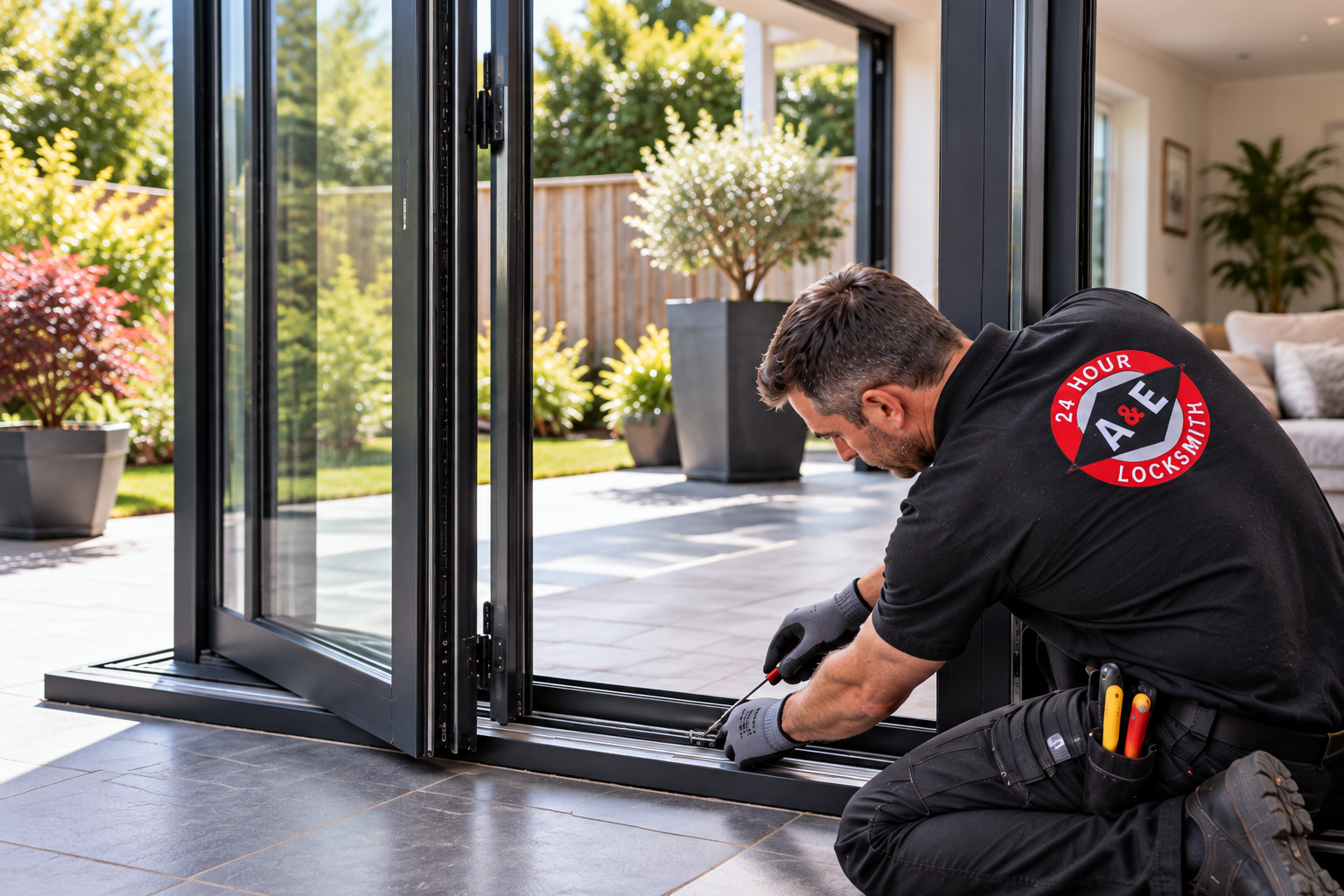 Bi-fold door track and roller being adjusted during a double glazing repair in Bromley