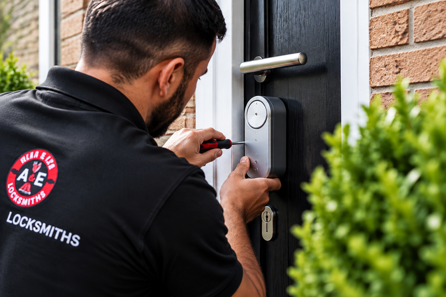 Locksmith installing a smart door lock