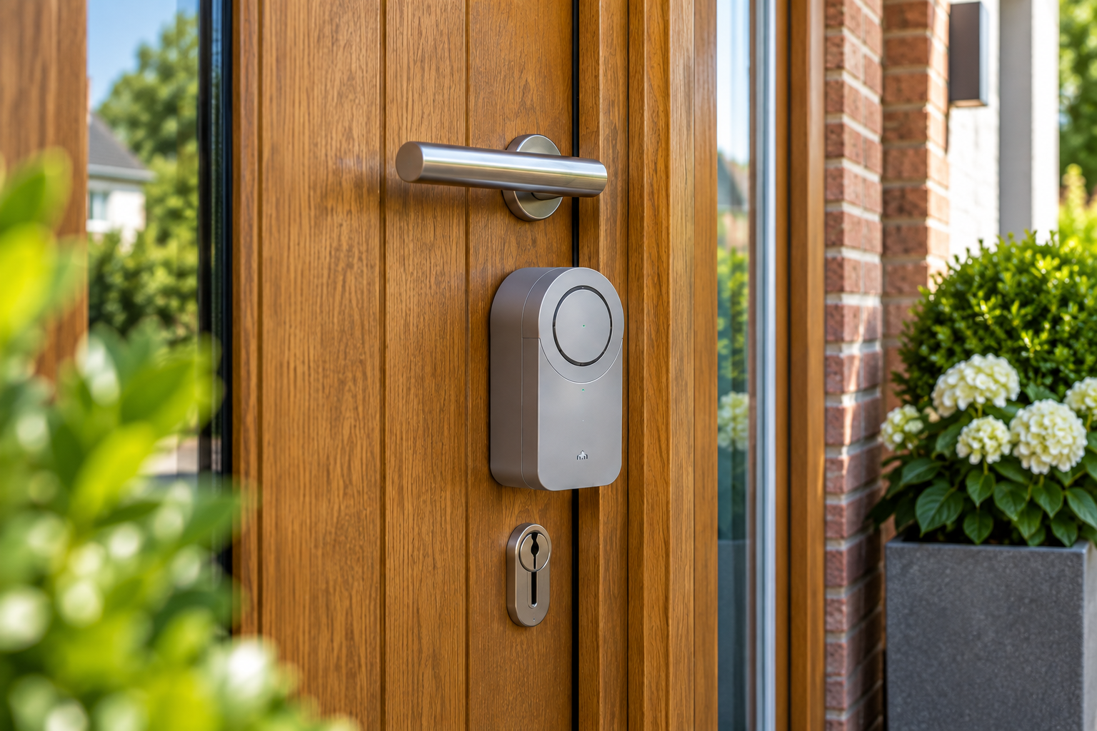 Smart lock fitted to a modern timber front door
