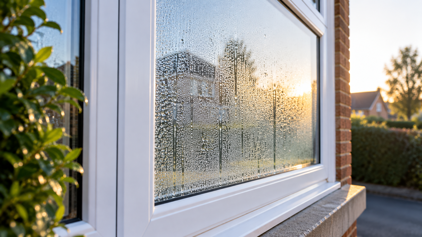 Morning condensation on the outside surface of a double-glazed window