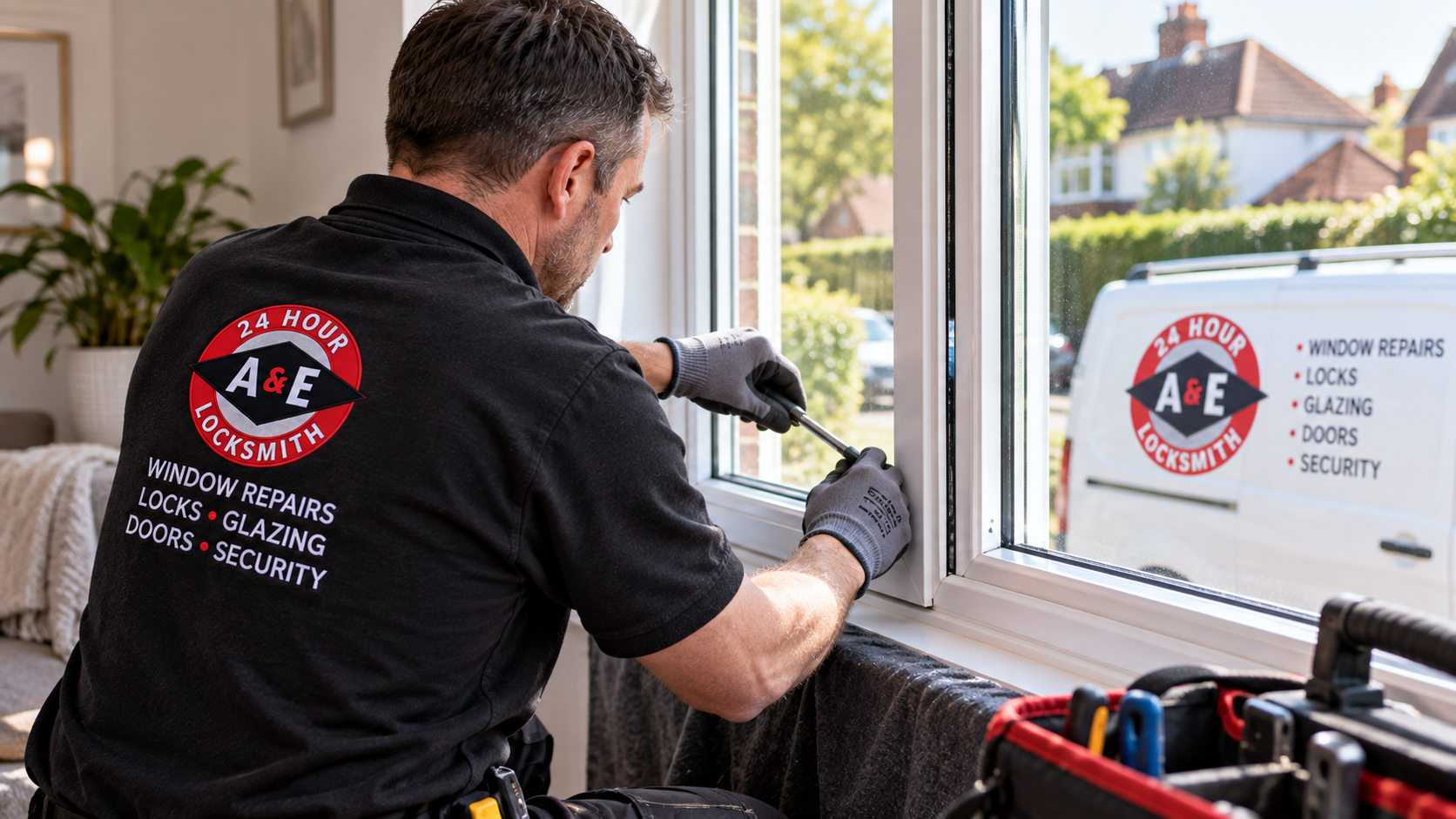 Professional window repair technician carrying out a residential service call
