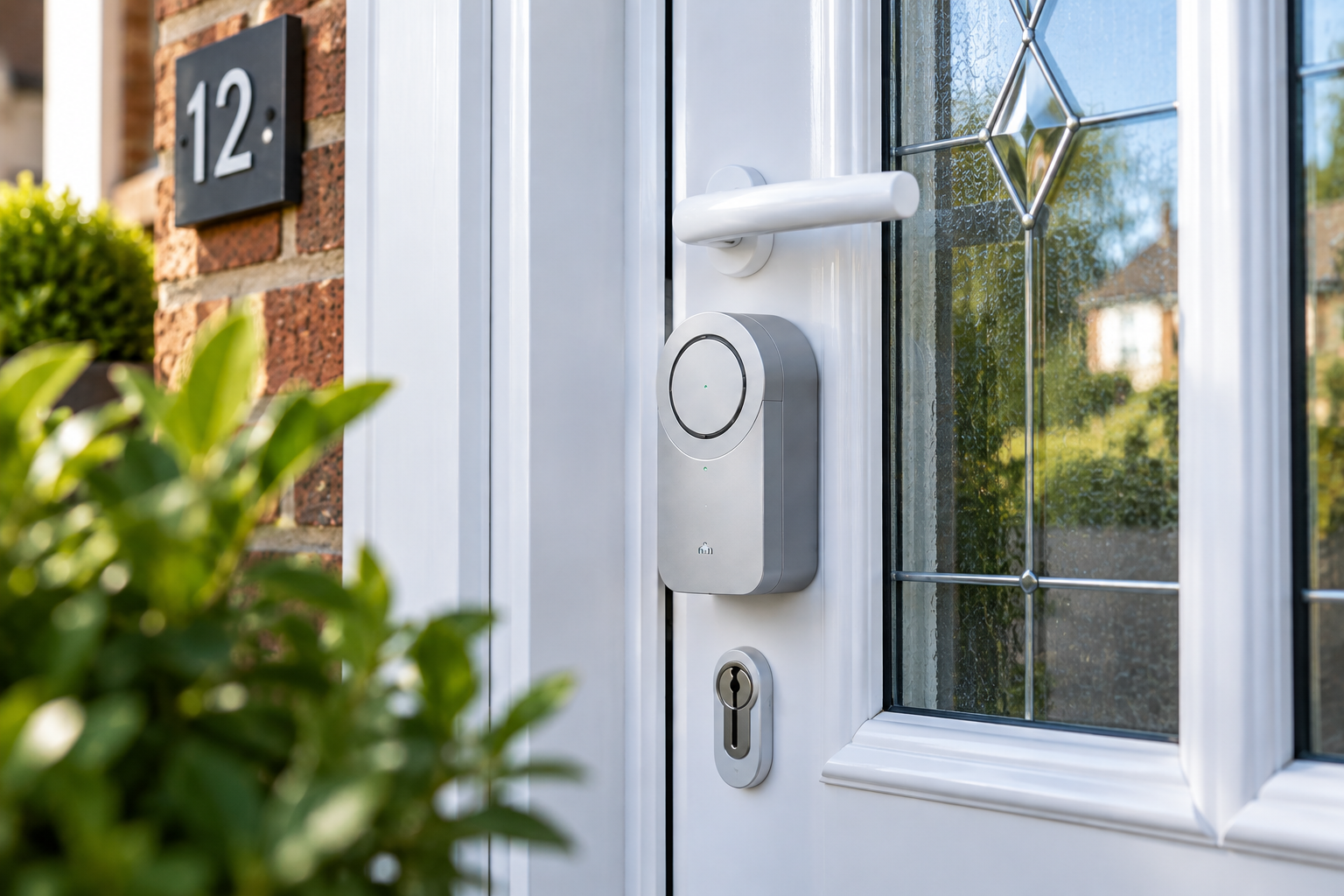 Smart lock fitted to a white UPVC front door