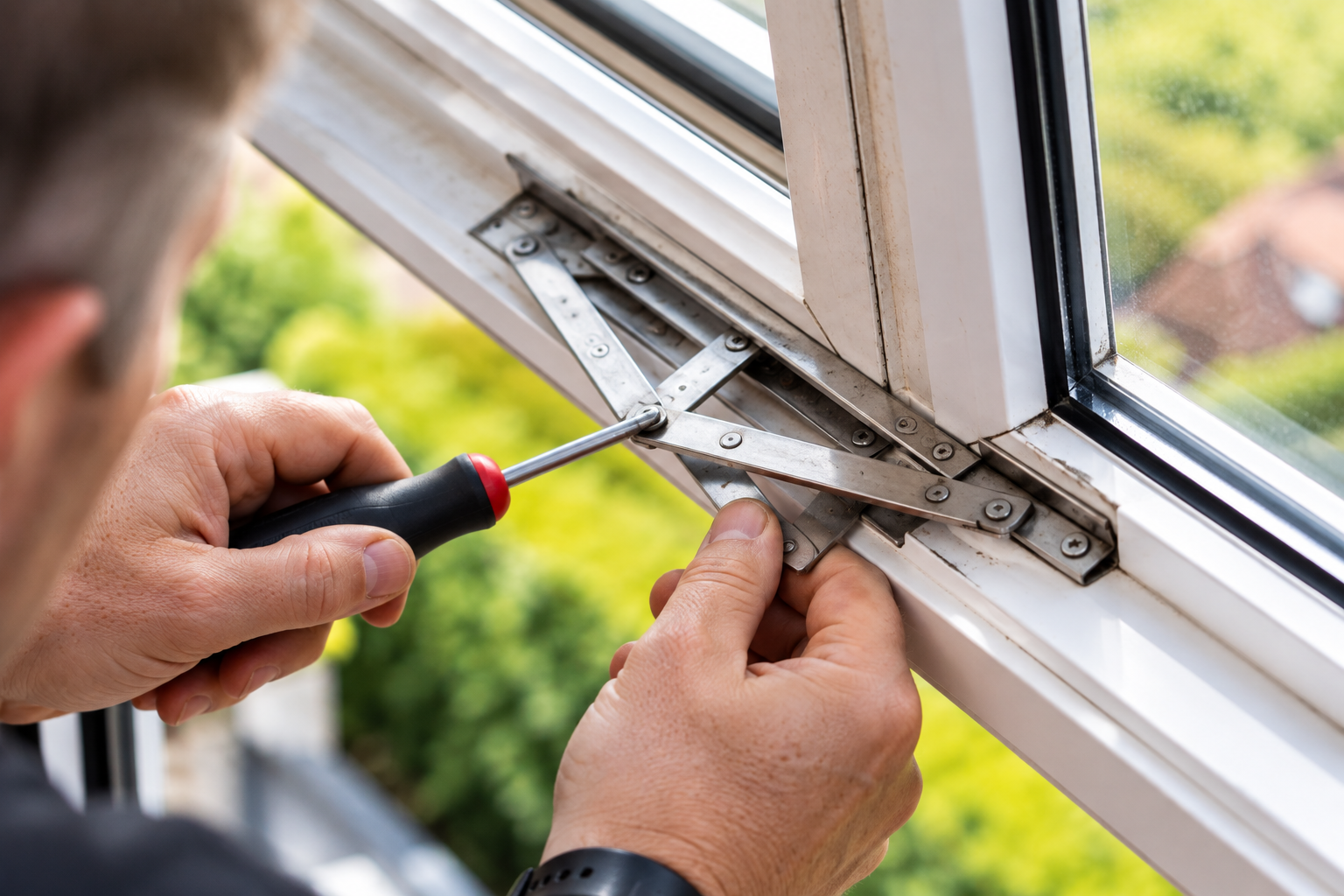 UPVC window hinge being adjusted with a screwdriver during a repair in Bromley