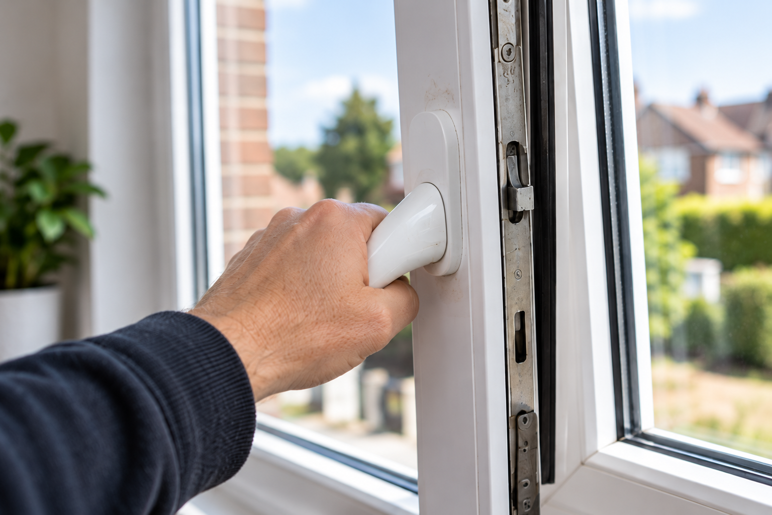Stiff UPVC window handle being tested during a window repair in Bromley