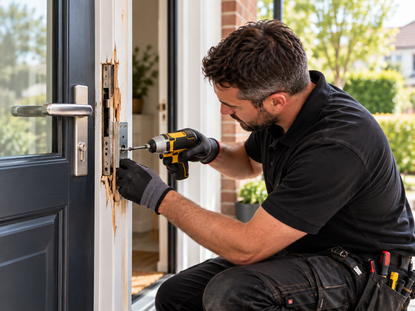 Locksmith repairing a damaged door frame after forced entry in Beckenham